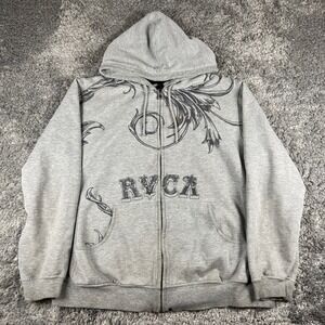 Vintage RVCA Hoodie Men XL Grey Full Zip Embroidered Skater Sweatshirt Y2K